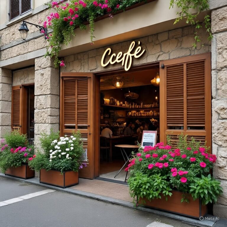 Top cafe in faridabadFront view of a top cafe in Faridabad with rustic stone walls, wooden shutters, blooming flower boxes, and a cozy interior visible through open doors.
